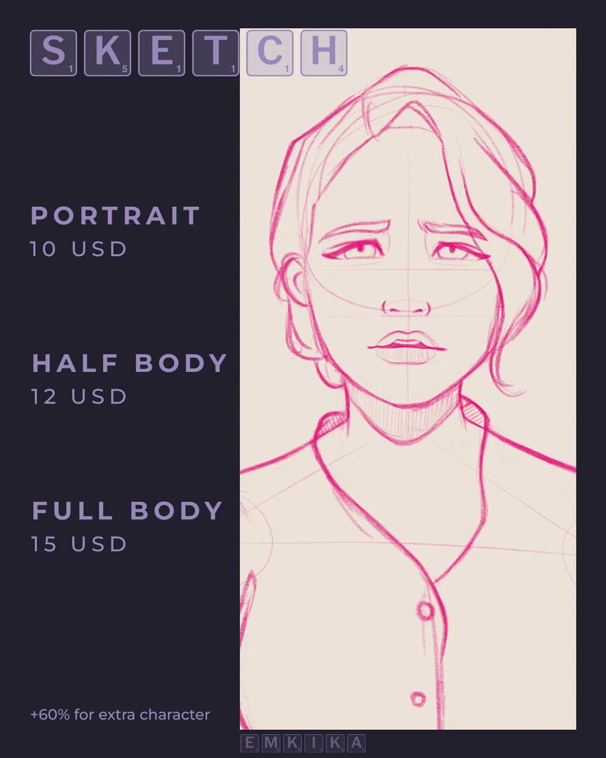 Sketch -Rough sketch, any color you like -High-res 300 dpi JPG and PNG file -Flat color background